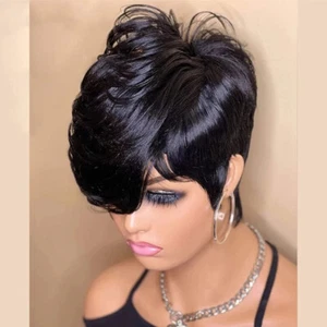 Pixie Cut Black Wigs with Bangs Glueless Wigs Natural Human Hair Wigs For Women  - Picture 1 of 14