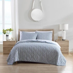 Stone Cottage Willow Way Ticking Stripe Cotton Blue 3 Piece Quilt Set-Full/Queen - Picture 1 of 12