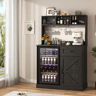 Mini armário geladeira 71"" com armazenamento, café bar com mini geladeira (preto) - Imagem 1 de 4