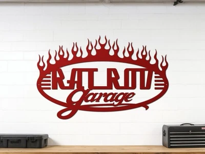 Rat Rod Garage Sign Metal Wall Art Flames - Man Cave Classic Car Decor Gift Idea - Image 1 of 4