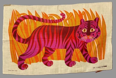 Unused Circa 60s/70s BELINDA LYON Psychedelic Pink Tiger Tea Towel Oxfam FAB!! - Image 1 of 4