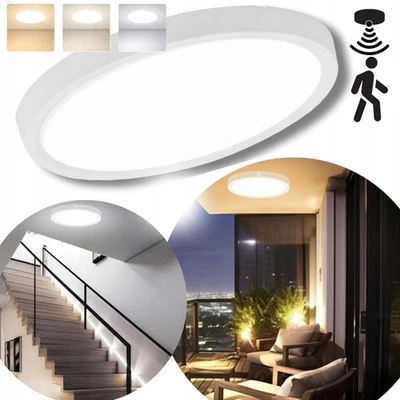 Lampada Soffitto LED 12W 18W 24W Plafoniera Sensore Movimento IP44 3 Colori - Immagine 1 di 4