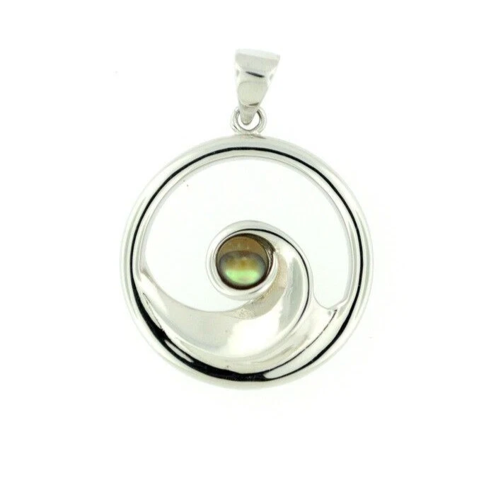 Solid 925 Sterling Silver Natural Abalone Puau Shell Women's Round Wave Pendant - Image 1 of 1