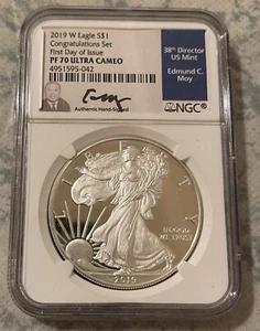 2019 W PROOF SILVER EAGLE NGC PF70 ULTRA CAMEO EDMUND MOY HAND SIGNED BLUE LABEL - Picture 1 of 2
