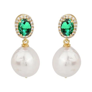 Oval Cut Lab Created Emerald Drop/ Dangle Earrings 925 Push Back 14K Gold Plated - Picture 1 of 4