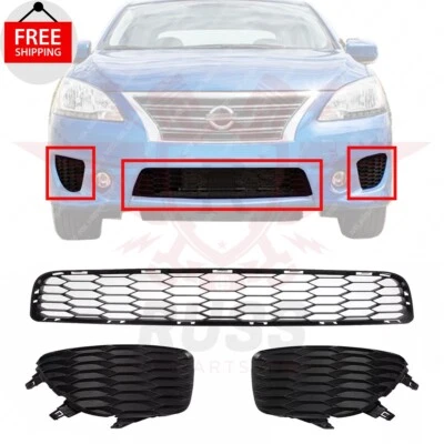 New Front Bumper Grille + Fog Light Cover Trims 3PC Fits 2013-2015 Nissan Sentra Foto 1 de 4