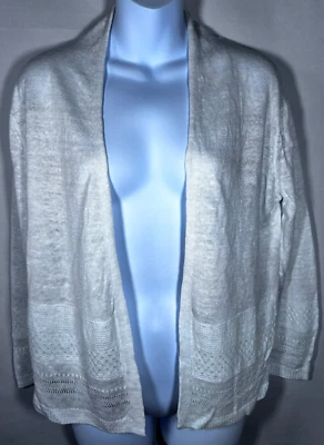 Cárdigan abierto Nanette Lepore 100% lino blanco ribete pointelle punto mujer S Foto 1 de 4