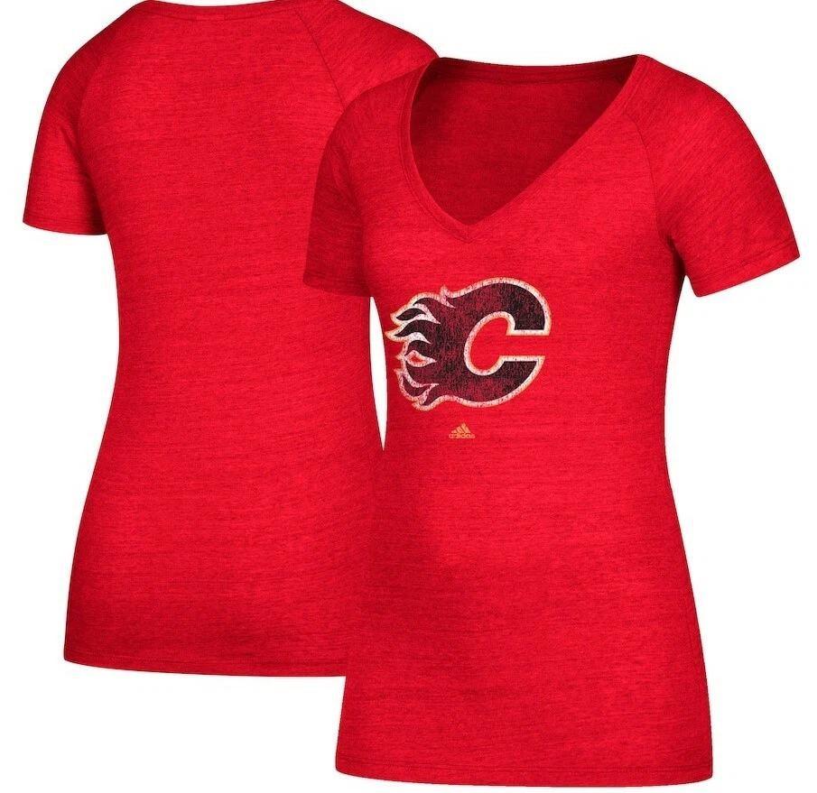 Calgary Flames Adidas Women's Distressed Logo Red V-Neck T-Shirt