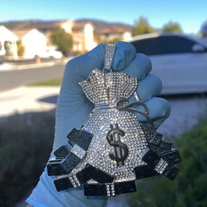 Huge Money Bag Jumbo Hip Hop Pendant Dollar Sign Iced Bling Out CZ Silver Tone - Picture 1 of 12