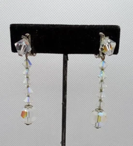 Vintage Lewis Segal AB Crystal Beaded 2.25" Long Dangle Clip-On Earrings Signed - Picture 1 of 5