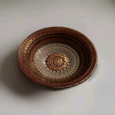 Turkish Glass Round Serving Bowl Display Bowl  Bronze Lace Print 13" Elegant - Image 1 of 4