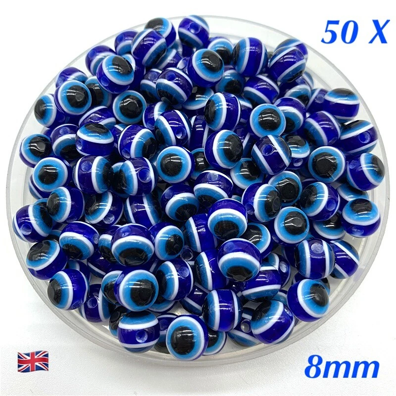 50 X BLUE EVIL EYE ROUND RESIN BEADS 8MM TOP QUALITY JEWELLERY MAKING, BRACELET  - Image 1 of 1