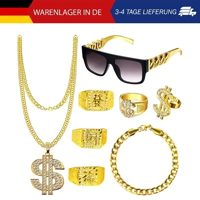 Goenb 8 Stück Zuhälter Kostüm, 80er 90er Jahre Outfit Herren Hip Hop Kostüm Gold - Bild 1 von 4