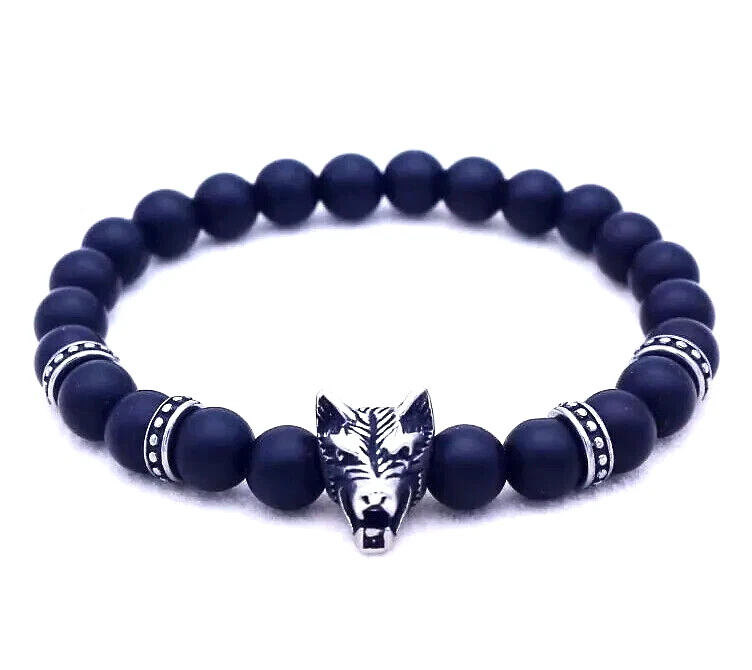 Bracciale Uomo in Pietra Naturale Onice Lupo Acciaio Twilight Teen Wolf 8mm - Immagine 1 di 1