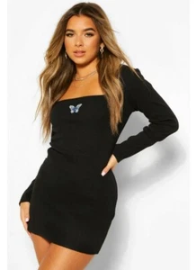 Ladies Missguided Mini Dress Long Sleeve Black Square Neck Butterfly Size 4 - 18 - Picture 1 of 7