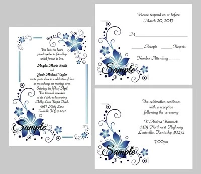50 Personalized Custom Blue Floral Border Wedding Invitations Cards Set - Image 1 of 2