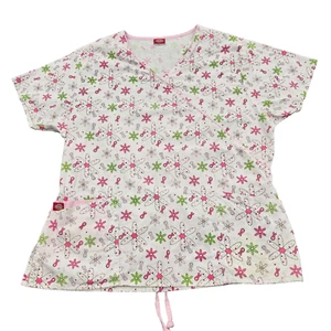 Dickies Medical Scrub Top Womens XL  floral Breast Cancer ribbon print Nurse SS - Picture 1 of 16