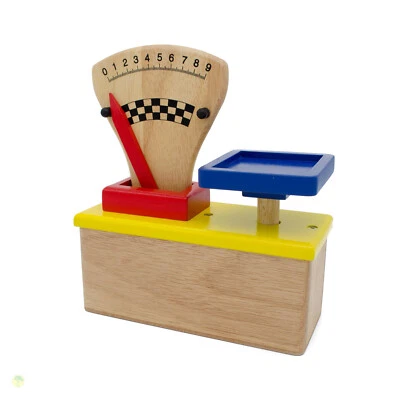 ESTIA HOLZSPIELWAREN Rot-blau-gelbe Zeigerwaage aus Holz, Kaufladenzubehör, Kaufmannsladen