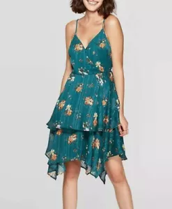 Women's Floral Print Deep V-Neck Tiered Handkerchief Hem Shine Wrap Mini Dress - Picture 1 of 2