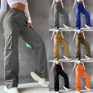 Womens Ladies Wide Leg Cargo Combat Stretch Casual Trousers Elastic Waist Pants - Picture 1 of 20