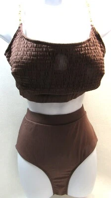 Antiguo traje de baño azul marino Puka Shell bikini para mujer talla grande texturizado marrón nuevo Foto 1 de 4