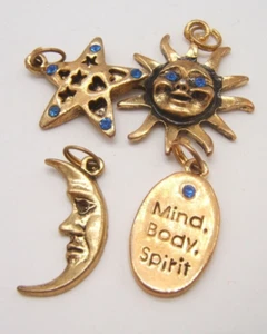 VTG 4 GOLD TONE CHARMS MOON STARS & INSPIRATION BLUE STONES - Picture 1 of 4