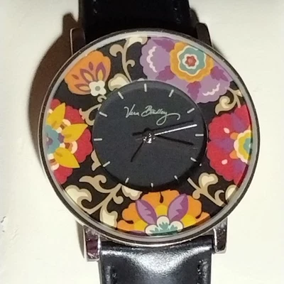Женские часы Vera Bradley серебристые цветочный черный кожаный ремешок новый аккумулятор - Изображение 1 из 4