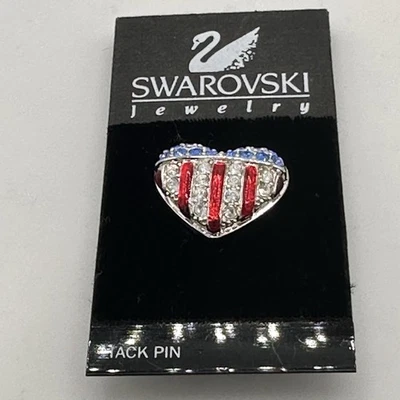 Swarovski Crystal Heart Patriotic USA Red White Blue Tack Pin w/ Card - Image 1 of 4