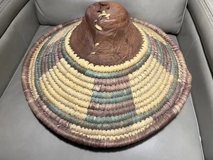 Vintage Fulani African Tribal Hat Leather Wodaabe Hand Woven Straw West Africa - Picture 1 of 8