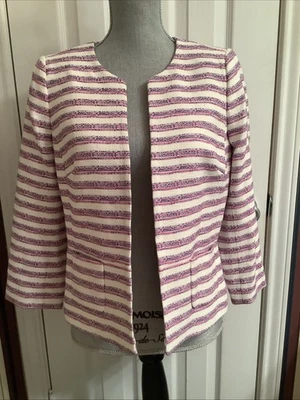 Chaqueta Blazer Talbots 8p Frente Abierto Rayas Blanco Rosa Púrpura Forrada a Lunares Foto 1 de 4
