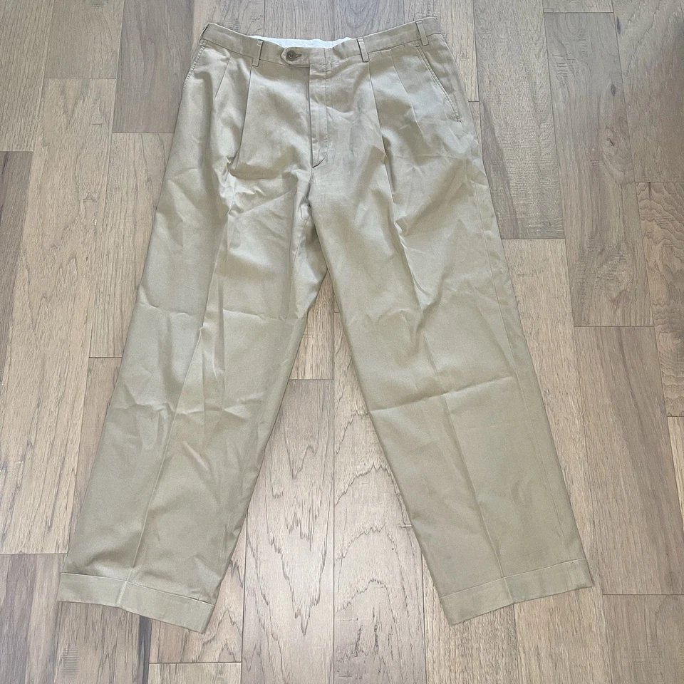 Pantalones Brioni Cannes para hombre 38 (se adapta a 34) beige algodón plisado puños pantalones Foto 1 de 4