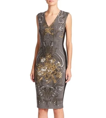 Vestido Vaina Talla 12 ROBERTO CAVALLI Gris Lana Lámina Metálica Estampado Floral, ITALIA Foto 1 de 4
