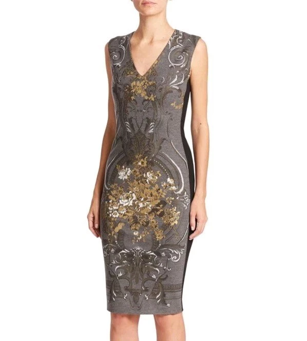 Vestido Vaina Talla 12 ROBERTO CAVALLI Gris Lana Dorado Plata METÁLICO FLORAL ITALIA Foto 1 de 4
