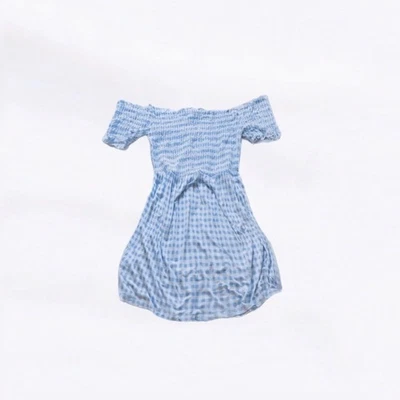 Asos Off The Shoulder Pastel Blue White Gingham Picnic Summer Fit Flare Dress - Image 1 of 4