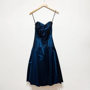 Vintage Teal Blue pearl studded sweetheart strapless dress Size Extra Small - Picture 1 of 4