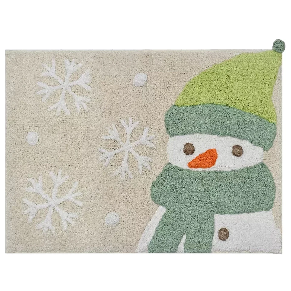 St Nicholas Square Snowflakes & Snowman Bath Rug, 20x30 Green Beige Bath Mat - Image 1 of 1