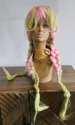 Peluca Larga 3 Trenzas Rosa Verde Bangs Sintético Juegos con disfraces Halloween Foto 1 de 4
