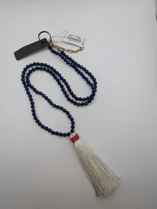 NWT J. Crew Dark Navy Blue And White Plastic Beaded Tassle Long Chain Necklace - Picture 1 of 8