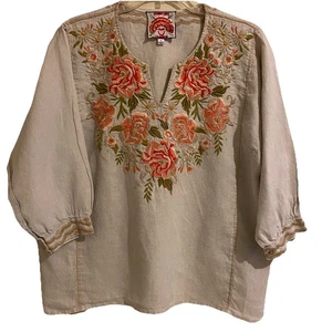 Johnny Was Linen Tan Floral Embroidered Tunic Blouse V- Neck 3/4 Sleeve Size M - Picture 1 of 10