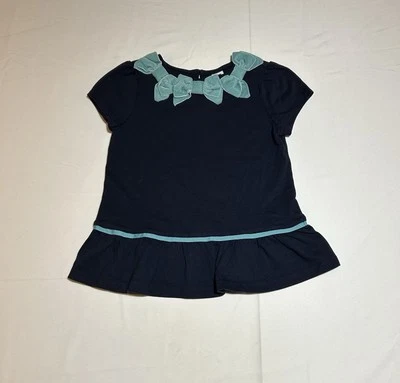 Janie and Jack Girls Size 6 Navy Blue Short Sleeve Teal Velvet Bows Shirt - Image 1 of 4