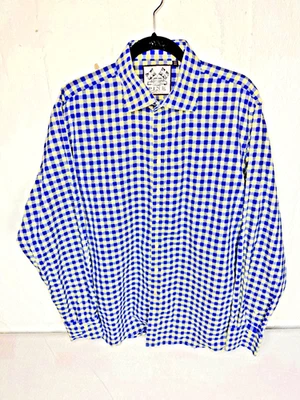 Camisa Thomas Rosa Para Hombre XL 17.5 Azul Amarillo Guinga Calce Ajustado Vestido Abotonado Foto 1 de 4