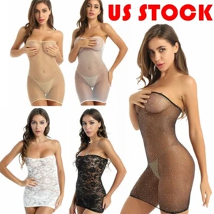 Sexy-women Mini Dress Lace Sheer Tube Tops Strapless Bodycon Dresses Nightwear  - Picture 1 of 35
