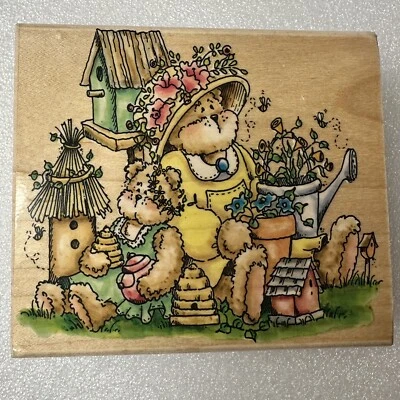 1999 Пенни черный резиновый штамп, 1414L медведи в саду птица дом пчелы неиспользованный! - Изображение 1 из 4