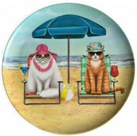 Melamine Dinner Plates 11/" Cat Cats at the Beach Umbrella Chairs Set of 4 Kitty