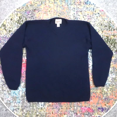 Suéter masculino vintage Woolrich XL azul marinho lã de cordeiro gola V pulôver boxy vovô em excelente estado usado - Imagem 1 de 4