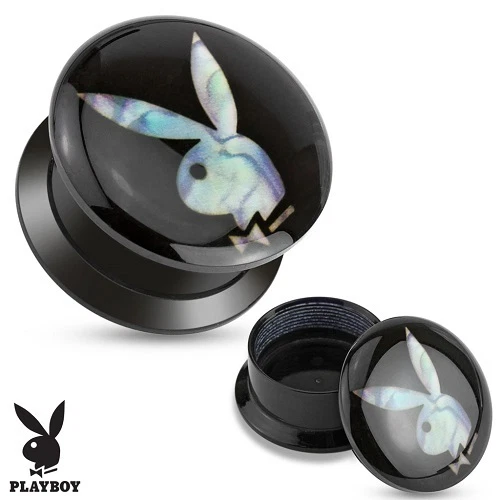 New Black Acrylic Screw Fit Ear Tunnel with Mother of Pearl Playboy Logo  — 第 1/1 张图片