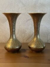Old India Brass Mini Pair  Vases With Flowers Decoration