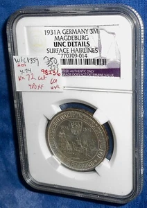 Germany 1931-A Uncirculated with details  3 marks Magdeburg comm in NGC holder - Picture 1 of 5