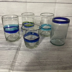 5 Hand Blown Drinking Glasses With Cobalt Band Mexico - Picture 1 of 8