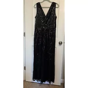 Kate Kasin Black Sequin Maxi Dress Formal Gown Sleeveless V Neck Women's Size 14 - Picture 1 of 12